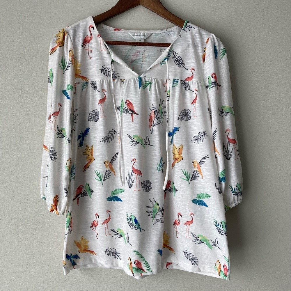 Christopher & Banks Tropical Bird Flamingo Parrot Print 3/4 Sleeve Top White M